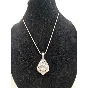 Vintage Crystal Teardrop Pendant Necklace Roman Brand Silver Tone Snake Chain